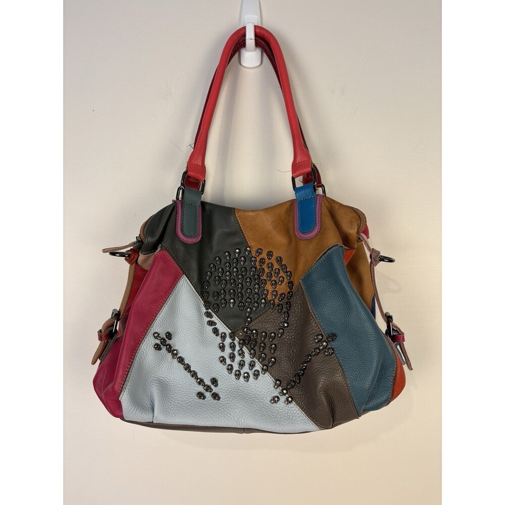 AmeriLeather Multicolor Skull Studded Satchel Shoulder Bag Detachable Strap